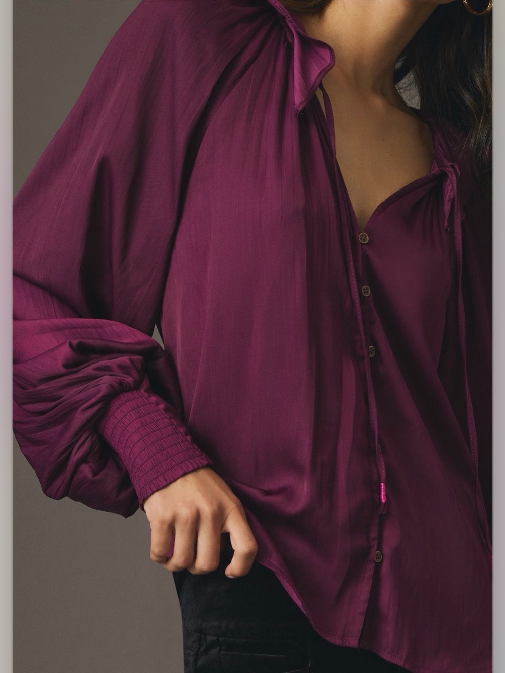 Anthropologie Deep Plumj Satin Button-Front Blouse w/Smocked Cuffs mmm n